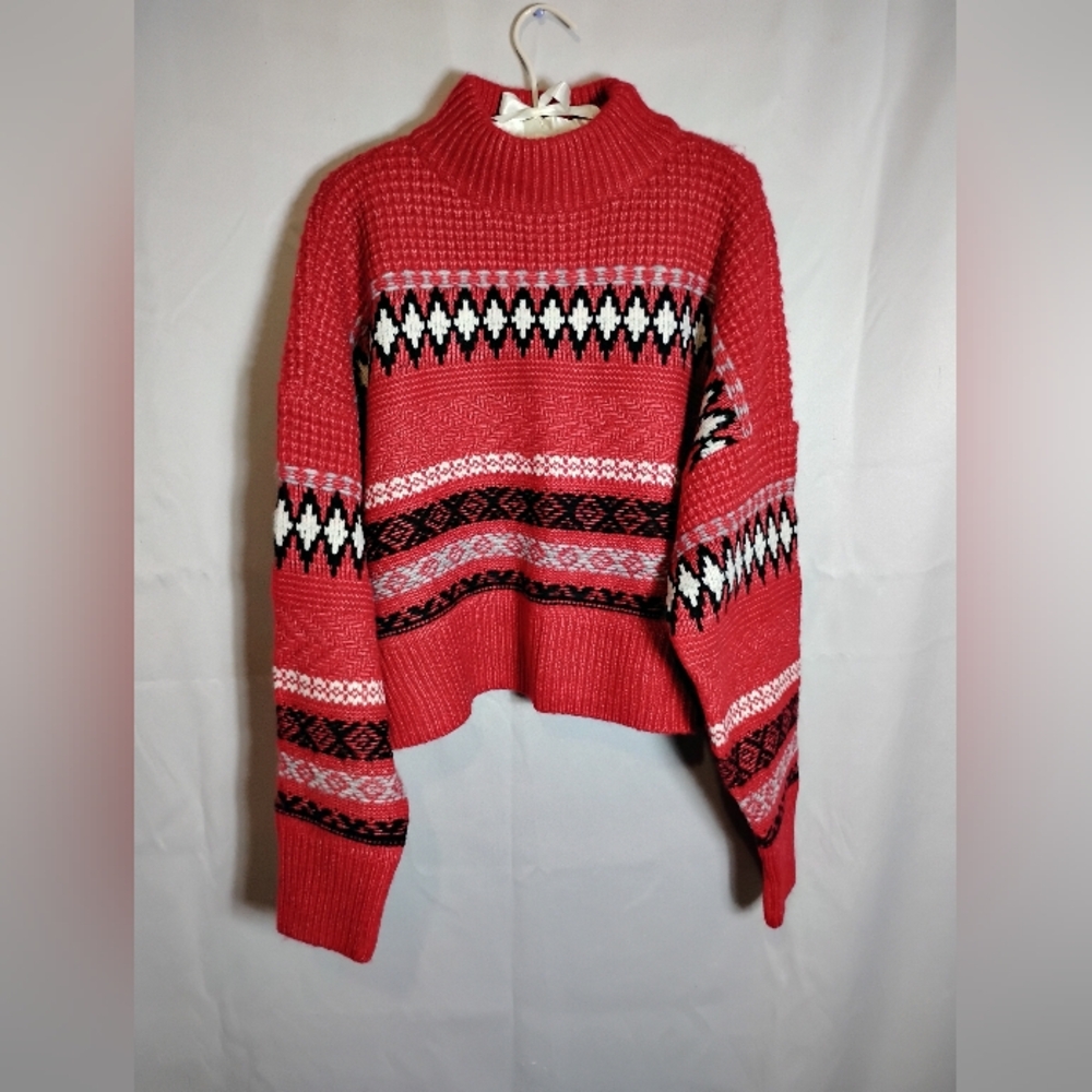 Cozy Red White Black Patterned Turtleneck Sweater NWT